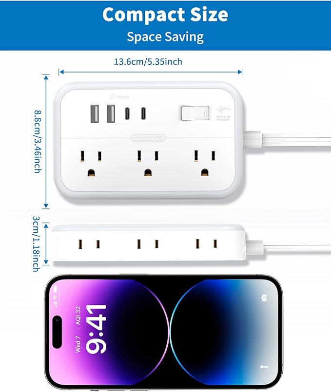 Flat Extension Cord 15 ft, NTONPOWER Power Strip with 6 Widely Outlets 4 USB Ports(2 USB C), Flat Plug, Wall Mounted, Side Outlet Extender for Indoor, Home Office, Dorm Room Essentials