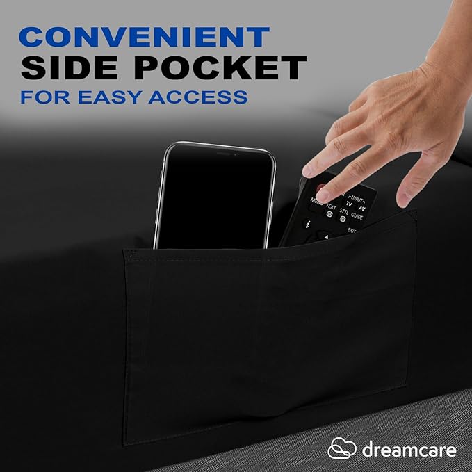 DREAMCARE Queen Sheet Set – 4 pcs Cooling Sheets – up to 21” Extra Deep Pocket Queen Sheets – Hotel Luxury Sheets & Pillowcases – Superior Softness 100% Fine Microfiber with Side Pocket – Black DREAMCARE