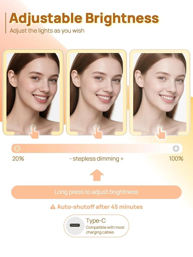 OMIRO Travel Makeup Mirror with Light, 10 x 7 inch Lighted Desk Mirror with Adjustable Stand and 3 Lighting Modes for Shaving and Travelling, White