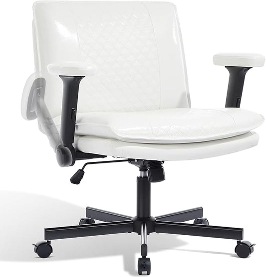 Criss Cross Chair with Flip-Up Arms and Lockable Wheels, Leather Cross Legged Office Desk Chair,Wider 125°Tilting Adjustable Swivel Computer Chair for Home, Apartment, Bedroom,White
