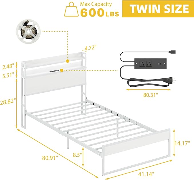 Elephance Twin Bed Frames with Charging Station and LED Lights, Metal Bed Frame with 2-Tier Storage Headboard, No Box Spring Needed, Noise Free, Easy Assembly