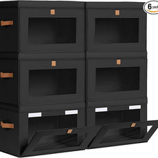 Collapsible Storage Bins - Large Stackable Organizer Bins, Decorative Boxes with Handles & Window, Fabric Containers for Living Room, Closet, Dorm, 6 Pack, Black