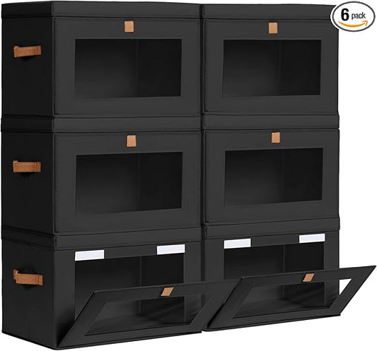 Collapsible Storage Bins - Large Stackable Organizer Bins, Decorative Boxes with Handles & Window, Fabric Containers for Living Room, Closet, Dorm, 6 Pack, Black