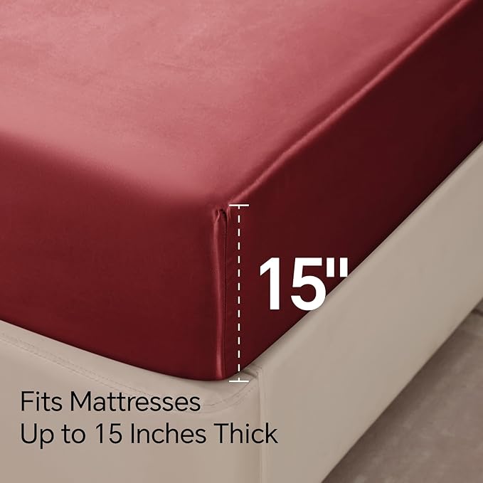 BEDELITE Satin Sheets Twin Size Bed Set, Luxury Soft Burgundy Silky Sheets for Hair and Skin, Similar to Silk Bed Sheets Set 3 Pieces with 1 Deep Pocket Fitted Sheet, 1 Flat Sheet, and 1 Pillowcase