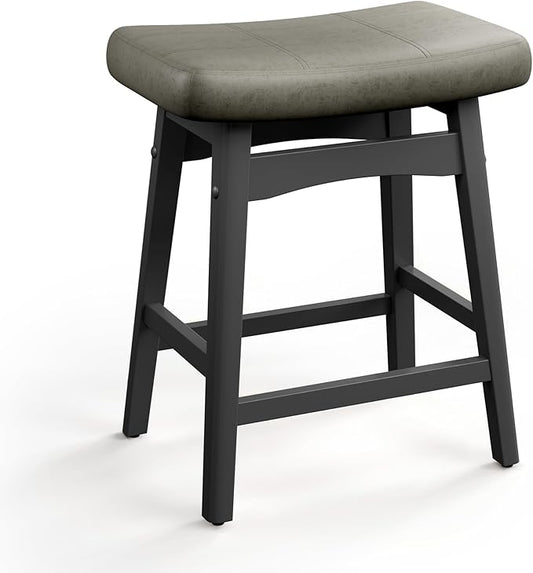 MAISON ARTS Grey Counter Height Bar Stool for Kitchen Counter Solid Wood Legs with Faux Leather Saddle Seat Farmhouse Barstool for 34"-38" Counter Island Upholstered Stool, 24in Height, 1pc