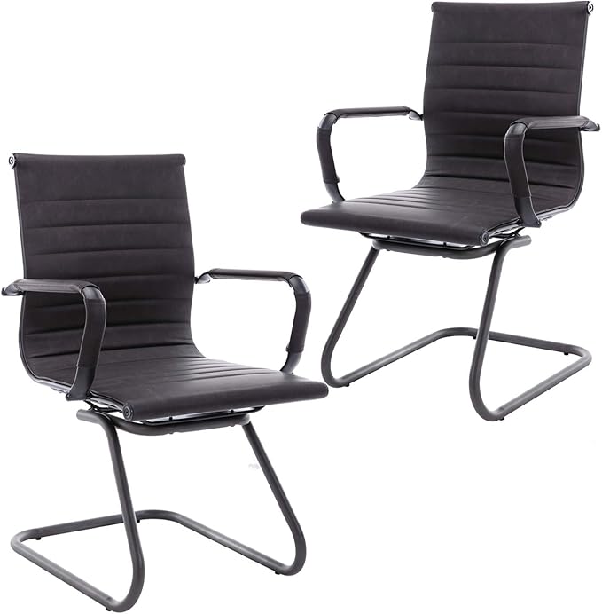 Office Reception Chairs No Wheels Leather Conference Chairs Back Support Guest Chair, Set of 2 (Vintage Charcoal)