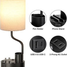 Bedside Table Lamps for Bedroom Set of 2 - Nightstand Light with AC Outlet and USB A & C for Charging, 3 Color Temperatures, Study Desk Lamp with Pen Holder & Phone Stand for Living Room/Dorm/Office