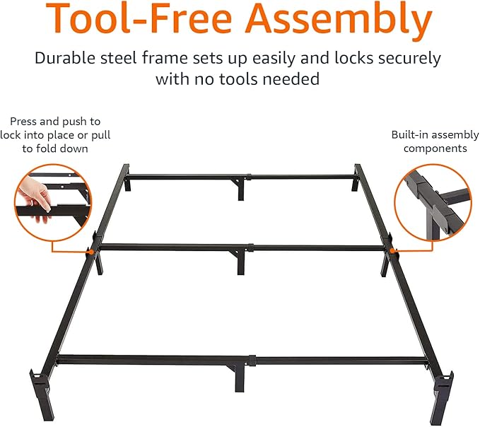 Amazon Basics Metal Bed Frame(Box Spring Required), 9-Leg Base for Box Spring and Mattress, Full, Tool-Free Easy Assembly, Black