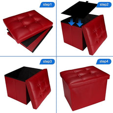 Storage Ottoman, Folding Foot Stool with Thicker Foam Padded Seat Small Leather Storage Ottoman Bench Foot Rest for Living Room Foldable Coffee Table 17x13x13in,Red