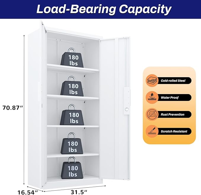 Metal Storage Cabinet with Doors and Adjustable Shelves,70.8" Lockable Garage Storage Cabinet with Lock for Home Office,Garage,School