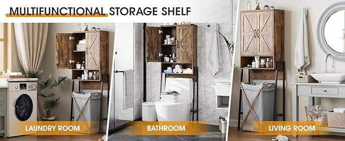 Vabches Over The Toilet Storage Cabinet with 2-Door Design Bathroom Organizers and Storage with Anti-Tip Device Over Toilet Organizer with Shelves for Bathroom,Restroom,Laundry Brown