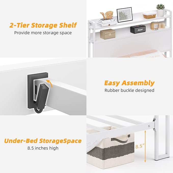 Elephance Twin Bed Frames,Metal Platform Bed Frame with 2-Tier Storage Headboard, No Box Spring Needed, Noise Free, Easy Assembly,White