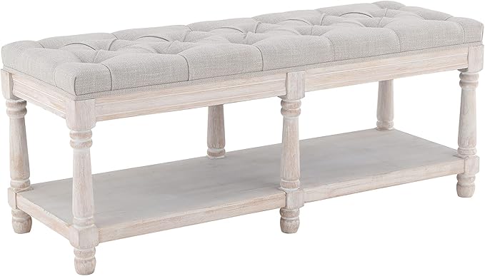 chairus Shoe Rack Bench Storage Vintage Bedroom Padded Bench Seat End of Bed, Fabric Tufted Farmhouse French Entryway Bench with Wood Legs for Hallway Foyer, Beige