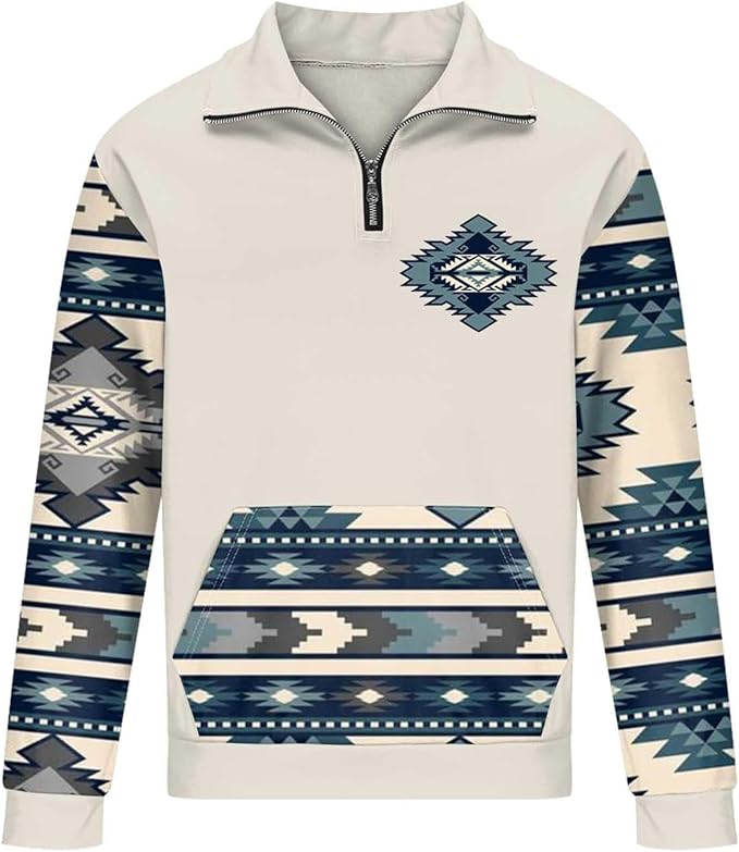 Western Sweatshirts for Men Aztec Cowboy Vintage Graphic Fleece Hoodie Mens Quarter Zip Pullover Country Jacket