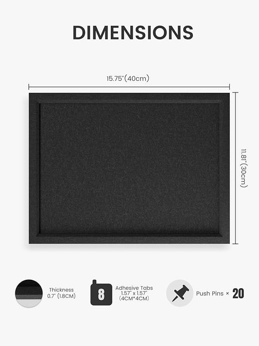 Felt Cork Board Alternative, Felt Bulletin Board 16" x 12" Black Frame with 8 Adhesive Tabs, Pin Board for Home Office, Classroom, Entryway, Kitchen Wall Decor—Black