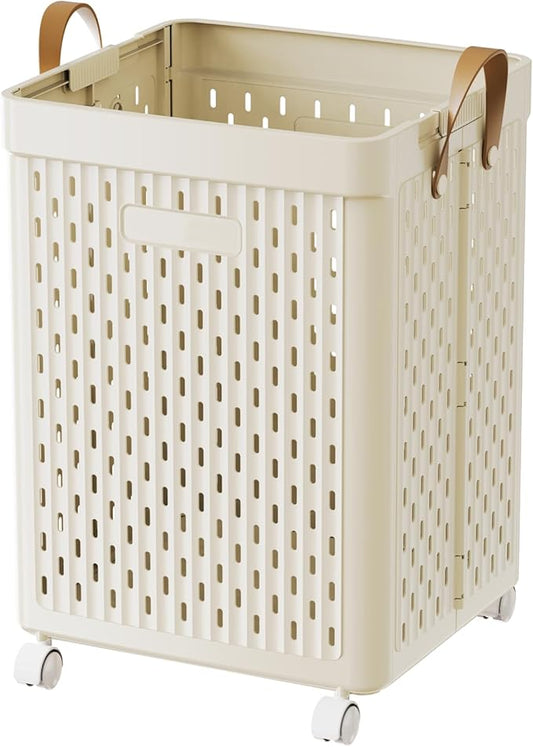 UAK Laundry Basket with Wheels, Collapsible Plastic Laundry Hamper with Handle, Foldable Laundry Basket Organizer for Laundry and Bathroom (Ivory, XXXL)