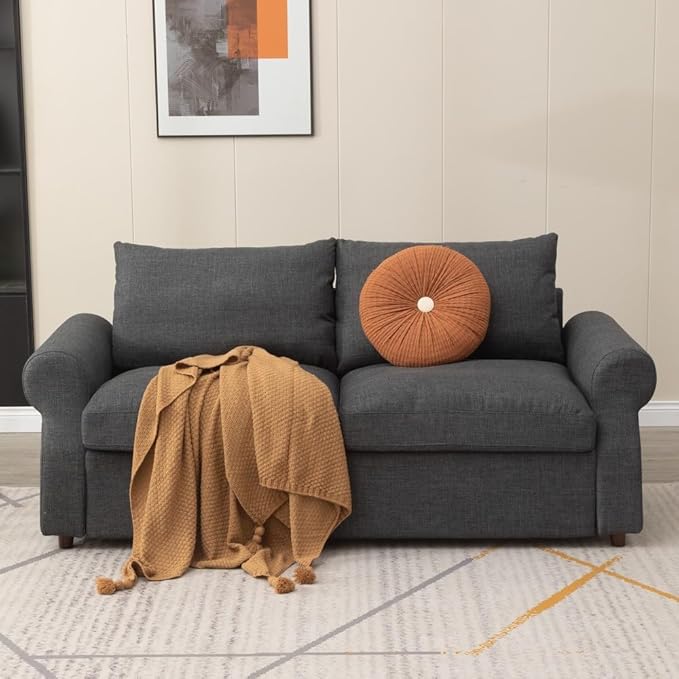 Panana Modern 2 and 3 Seats Loveseat Sofa Couch with Storage, Small Love Seat Couches for Living Room, Bedroom, Apartment, Office (Dark Gray Linen Fabric, Scroll Arm - 3 Seater)