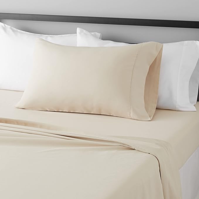 Amazon Basics Lightweight Super Soft Easy Care Comfortable Microfiber 3 Piece Bed Sheet Set with 14-Inch Deep Pockets, Twin XL, Beige, Solid