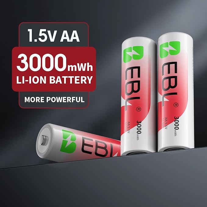EBL Rechargeable AA Batteries Lithium with Charger, 8 Pack 3000mwh 1.5V Constant Voltage Rechargeable Lithium AA Batteries, 1600 Cycles Long Lasting Double A Battery for Blink Outdoor Camera