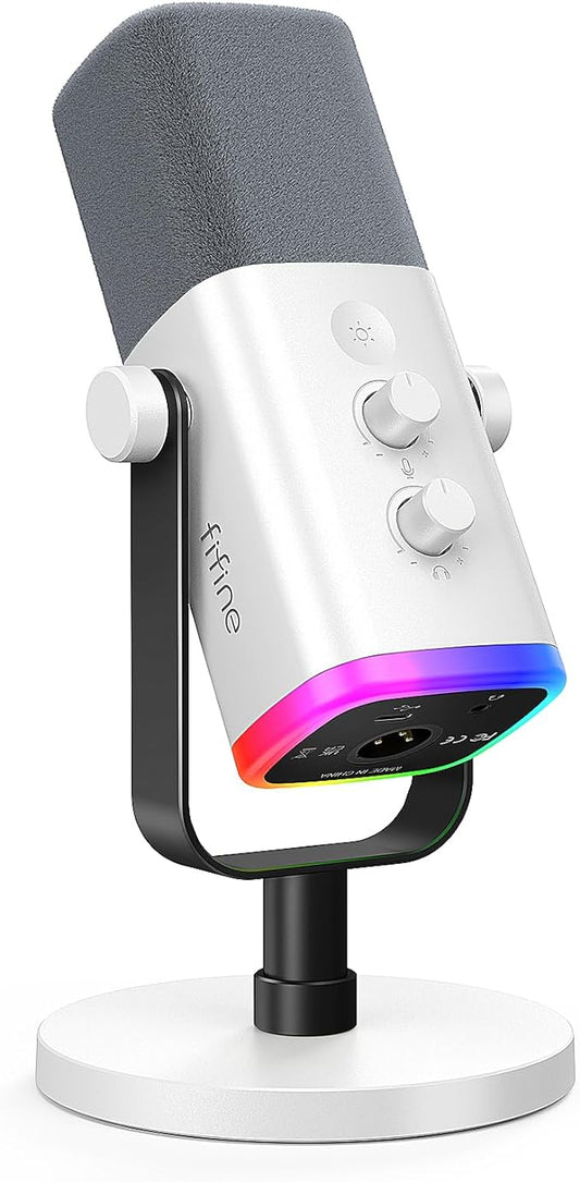 FIFINE XLR/USB Gaming Microphone for Streaming Podcasting, PC Computer RGB Mic, with Gain Knob, Mute Button, Monitoring Jack, Gamer Mic for Recording Video Creation-AmpliGame AM8 White
