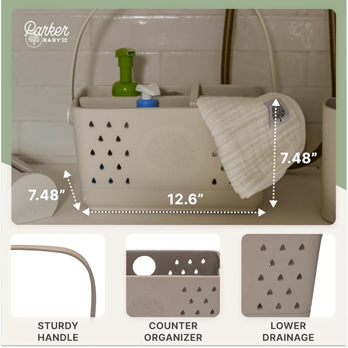 Parker Baby Large Bath Caddy | BPA Free & Food Grade Shower Caddy Organizer for Toys & Supplies | Quick-Dry, Sturdy & Perfect Size Shower Basket w/ Handle in Neutral Colors