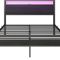 HOJINLINERO Full Size Bed Frame with Storage Headboard/LED Lights, Metal Bed Frame with Charging Station, No Box Spring Needed, Heavy Duty Metal Slats Support, Black