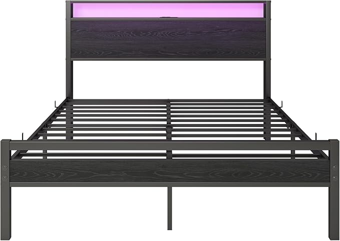HOJINLINERO Full Size Bed Frame with Storage Headboard/LED Lights, Metal Bed Frame with Charging Station, No Box Spring Needed, Heavy Duty Metal Slats Support, Black