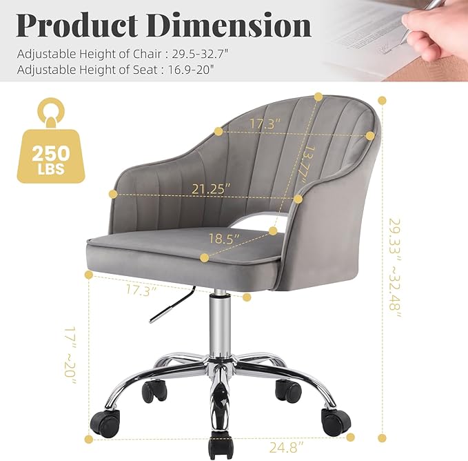 MOJAY Modern Vanity Chair with Wheels, Mid-Back Cutout Velvet Home Office Chair, Swivel Height-Adjustable Soft Seat Cute Desk Chair with Arm Support (Dove Grey)
