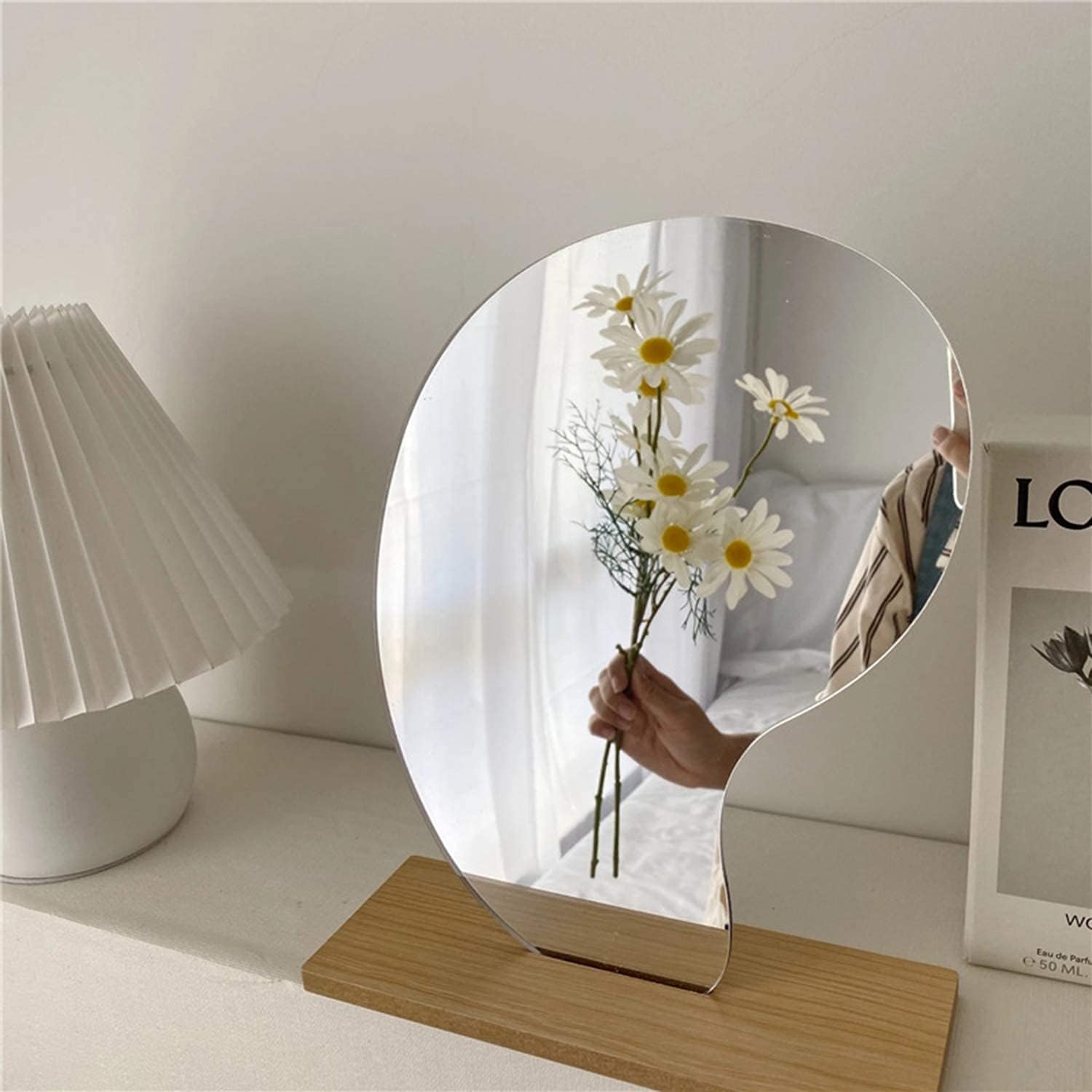 Acrylic Makeup Mirror for Desk with Stand Aesthetic Desk Decor Vanity Mirror Frameless Table top for Bedroom,Living Room and Minimal Spaces Room Decor (Baby Fat) Dormly