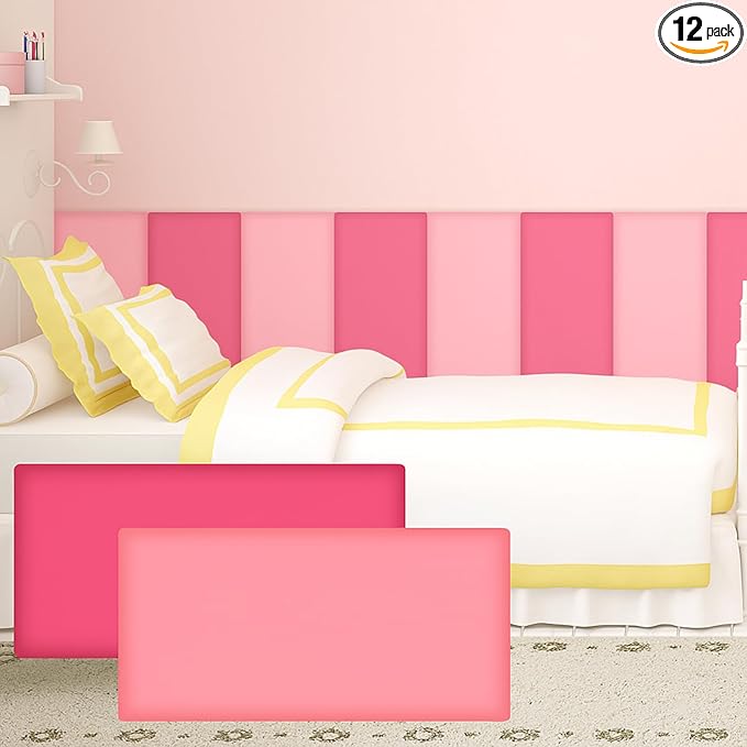 12 Pack Wall Padding for Playroom Peel and Stick Headboard 15.75" x 7.87" x 1.18" 3D Anti Collision Upholstered Wall Panels Self Adhesive Headboard Panel for Protection (Rose Pink Colors)