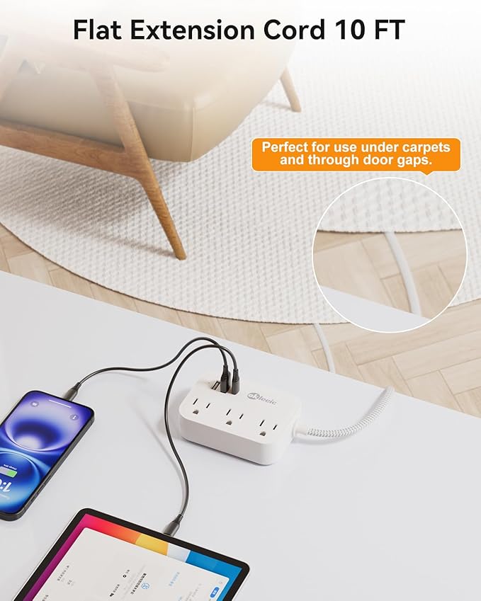Flat Plug Power Strip with USB Ports, Flat Extension Cord 10 FT with 3 AC Outlets 3 USB Ports, Long Extension Cord Outlet Extender with No Surge Protector for Cruise Ship, Dorm Room Travel Essentials