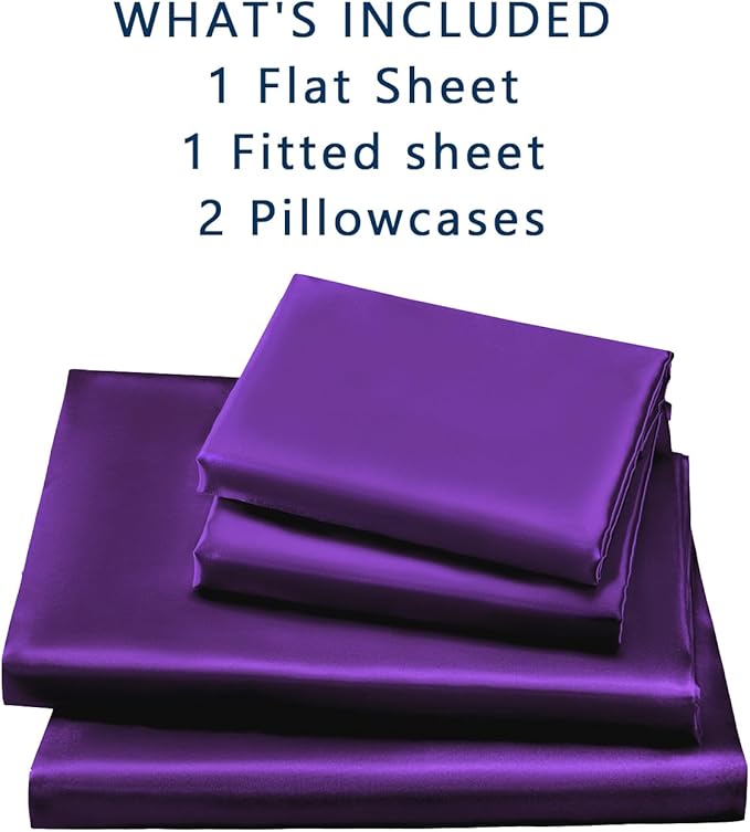 Satin Sheets King Size - 4 Pieces Luxury Silky Soft Bed Sheets, Wrinkle-Free Dark Purple Satin Silk Sheet Set with 1 Deep Pocket Fitted Sheet, 1 Flat Sheet, 2 Pillow Cases