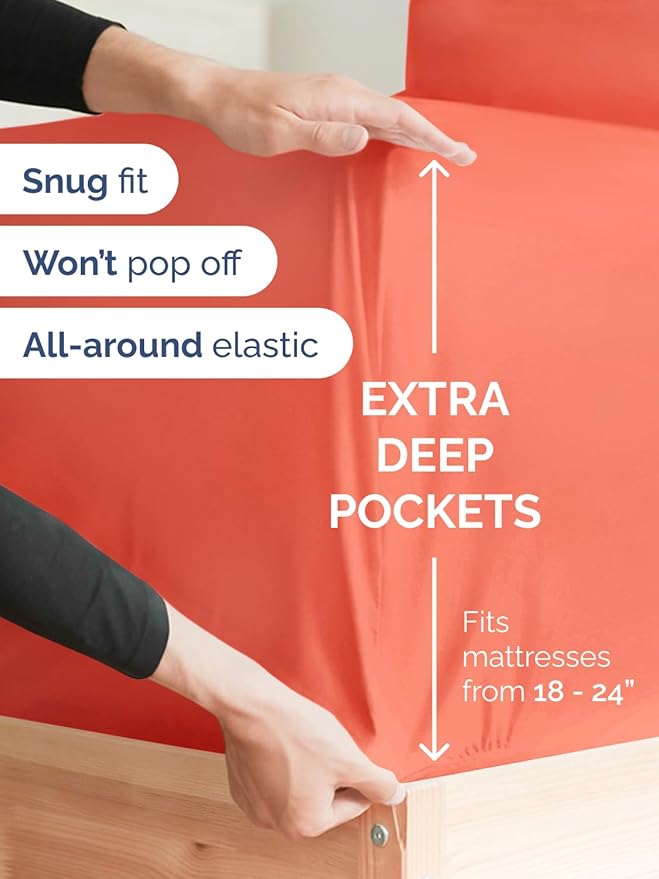 Extra Deep Pocket Split King Sheets - 5 Piece Breathable & Cooling Bed Sheets - Hotel Luxury Bed Sheet Set - Soft, Wrinkle Free & Comfy - Easily Fits Extra Deep Mattresses - Deep Pocket Coral Sheets