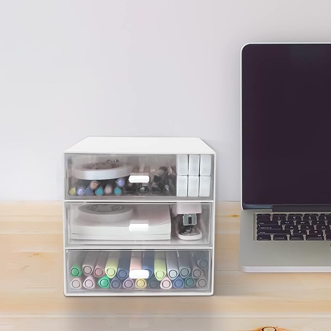 Desk Organizer with Drawer, Desk Storage Box, Plastic Office Stationery Supplies Organizers, Desktop Organizer for Office School Home (3 drawer, White)