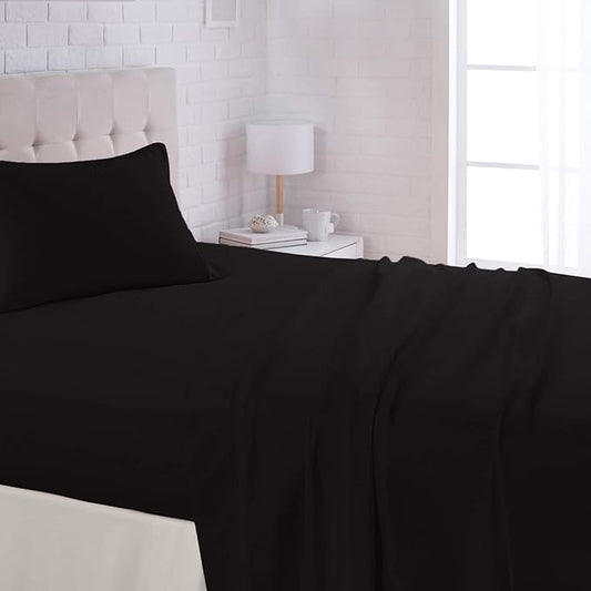 Amazon Basics Lightweight Super Soft Easy Care Wrinkle Free Microfiber 3 Piece Bed Sheet Set with 14-Inch Deep Pockets, Twin, Black, Solid, Kids, Men & Women Bedding AmazonBasics