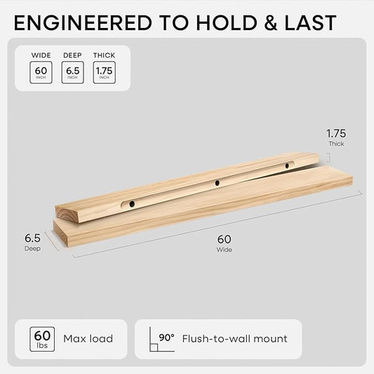 Homeforia 60 inch Natural Floating Shelf, High End Solid Real Wood 60inch Small Floating Shelves for Wall Mounted, Natural Wooden Floating Shelves, Heavy Duty Bracket, 60 X 6.5 X 1.75 in, Set of 2
