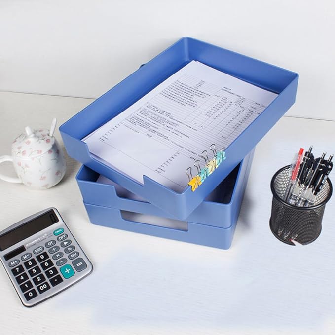 Letter-Size Tray, 2 PCS A4 Plastic Stackable Paper Tray, Desk Drawer Organizer for Office, School, Home Storage, and Storage Containers for Christmas Ornaments, Gift Wrap (2X Blue)