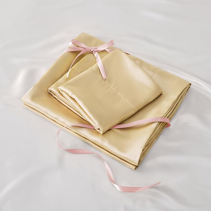 BEDELITE California King Sheets Set, Luxury Soft Champagne Satin Sheets for Hair and Skin, Similar to Silk Bed Sheets Set 4 Pieces with 1 Deep Pocket Fitted Sheet, 1 Flat Sheet, and 2 Pillowcases