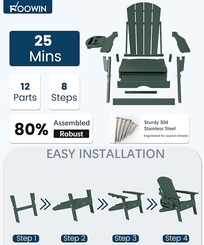 FOOWIN Folding Adjustable Adirondack Chair with Retractable Ottoman Set of 2, HDPE Adirondack Chair w/4 in 1 Cup Holder Trays,All-Weather Resistant Fire Pit Chair for Outdoor Patio Lawn, Dark Green