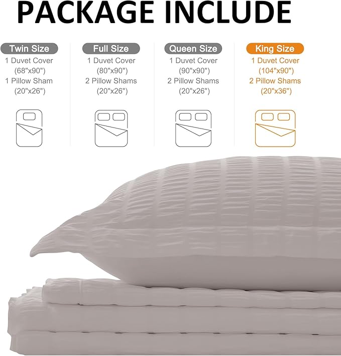 Cozyide Light Grey Duvet Cover King, 3 Pieces Bedding Duvet Covers, Soft Breathable Seersucker Duvet Cover Set with Zipper Closure and Corner Ties (1 Duvet Cover 104"x90" + 2 Pillow Shams 20"x36")