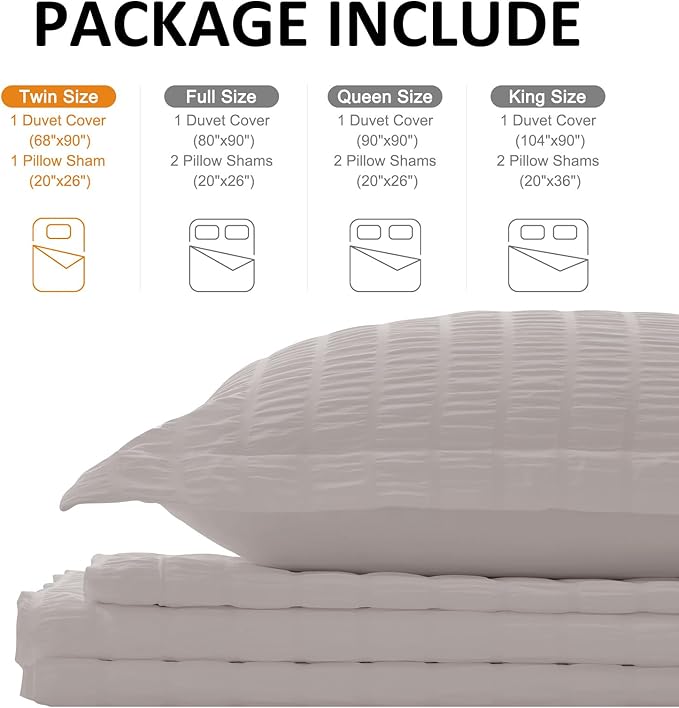 Cozyide Light Grey Twin Duvet Cover, 2 Pieces Bedding Duvet Covers, Soft Breathable Seersucker Duvet Cover Set with Zipper Closure and Corner Ties (1 Duvet Cover 68"x90" + 1 Pillow Sham 20"x26")