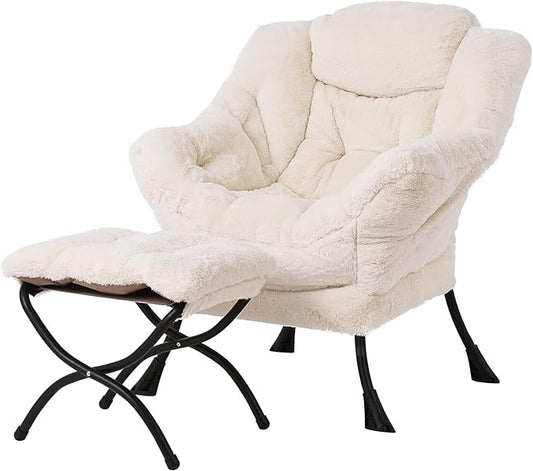 Tiita Lazy Chair with Ottoman, Modern Large Accent Lounge Armchair, Comfy Leisure Sofa Reading Chair with Footrest for Bedroom, Living Room, Dorm Rooms, Garden and Courtyard, Plush Beige