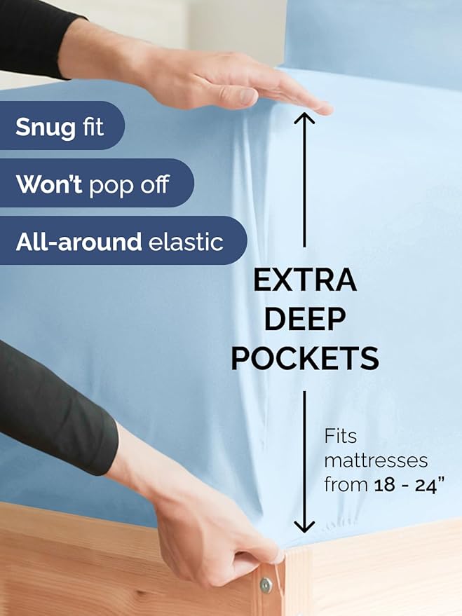 Extra Deep Pocket Split King Sheets - 5 Piece Breathable & Cooling Bed Sheets - Hotel Luxury Bed Sheet Set - Soft, Wrinkle Free & Comfy - Easily Fits Extra Deep Mattresses - Light Blue Sheets Set