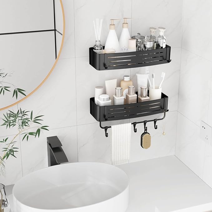 Onemake Shower Caddy Suction Cup,2-Pack Shower Shelf Organizer, Bathroom Suction Shelves with Portable Hooks, Shower Caddies Corner with Towel Bar,Matte Black