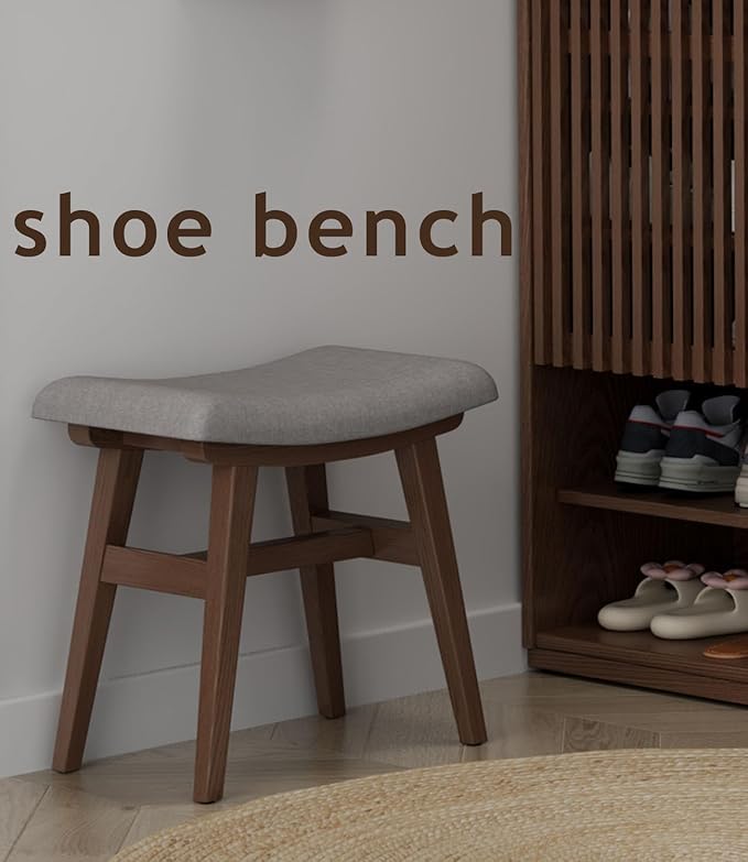 Wooden Vanity Stool, Modern Makeup Dressing Stool solid wood with upholstery saddle seat stool concave ergonomic chair easy to install for bedroom, dining room, home office 16 inch wide brown