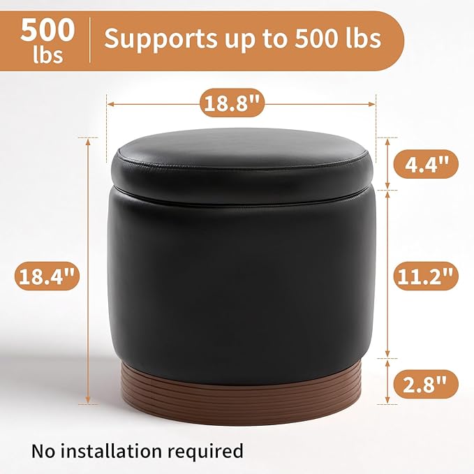 Round Storage Ottoman,Swivel Vanity Stool-Smooth Faux Leather Foot Rest,Footstool Pouf with Sturdy Acacia Wood Frame(500lbs),Small Coffee Table & Hidden Storage Ottoman for Living Room