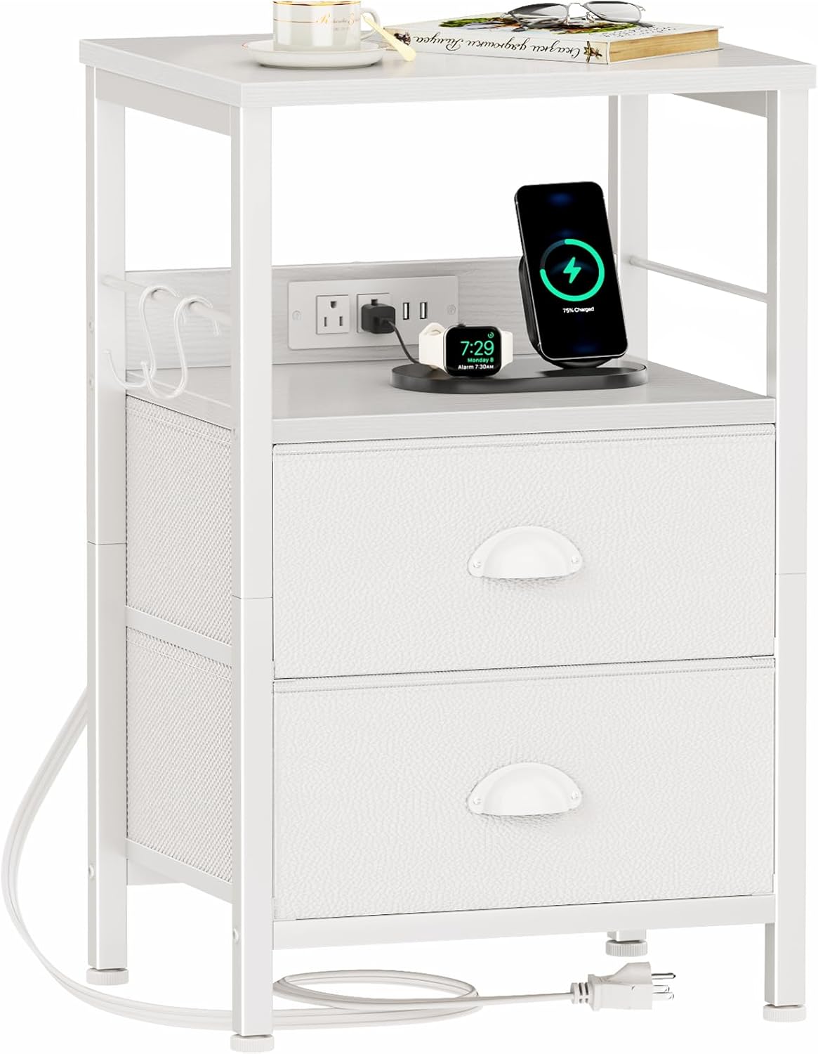 Furologee End Table with Charging Station, Nightstand with Fabric Drawers, Side Tables with USB Ports & Outlets, Night Stand with Storage Shelf & Hooks, for Living Room/Bedroom, White Dormly