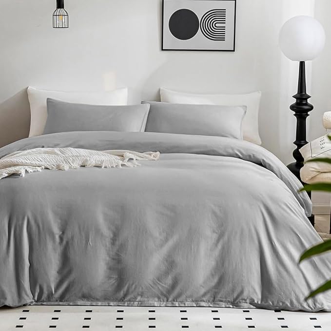 JELLYMONI Cotton Duvet Cover Twin Size - 100% Washed Cotton Linen Like Textured Comforter Cover, 2 Pieces Breathable Soft Bedding Set with Zipper Closure (Light Gray, Twin 68"x90")
