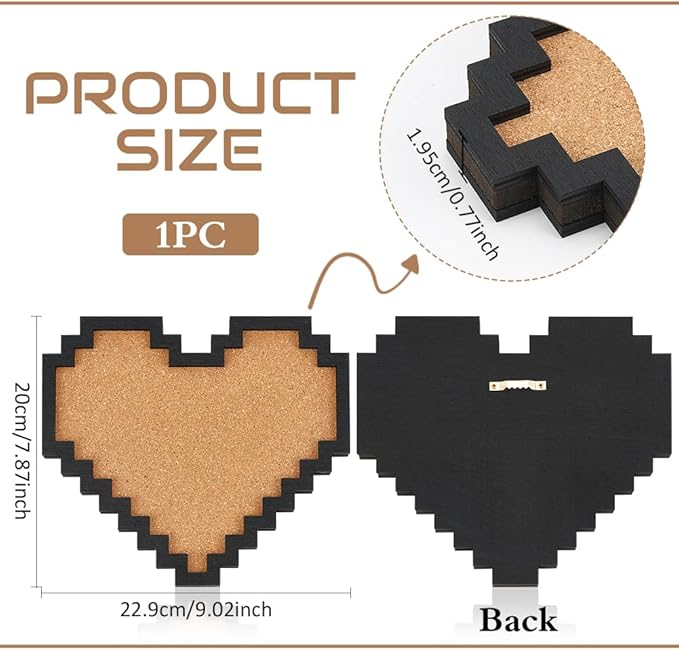BENECREAT Pin Board Pixel Heart Cork Board, 0.8inch Thick Wall Mounted Cork Board Bulletin Display Board for Brooch Pin Storage, Office Home Festival Home Decor, 9x7.9inch