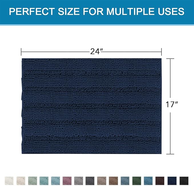 H.VERSAILTEX Bathroom Rugs Bath Rugs for Bathroom Non Slip Bath Mats Extra Thick Chenille Striped Rug 17" x 24" Absorbent Soft Shaggy Washable Dry Fast Bath Mats for Bath Room Floor - Navy